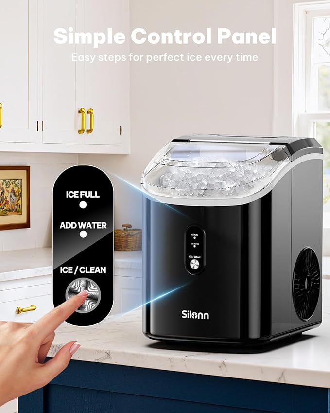 Silonn Nugget Ice Makers Countertop, 38lbs/24H Chewable Pellet Ice Machine with Self Cleaning Function, Portable Pebble Ice Maker with Ice Scoop for Home Kitchen Office, Black