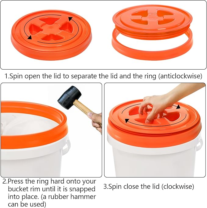 Hacaroa 3 Pieces 5 Gallon Bucket Lids, 12 Inch Plastic Screw Top Seal Lids, Leak-proof Reusable Bucket Twist Lid Caps for Pet Food, Grain, Paint Storage Buckets, 3 Colors