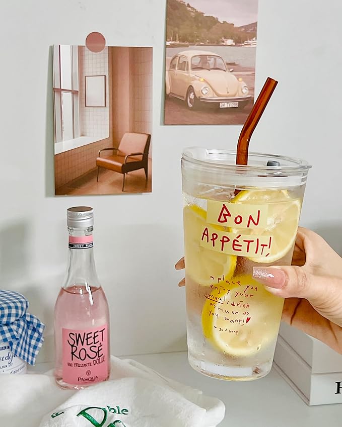 Olvini 15oz Glass Tumbler with Straw and Lid, Cute Iced Coffee Cups, Aesthetic Glass Cups, Coffee Tumbler, Water Cup, Matcha Cup, Drinking Glasses (Bon Appétit)