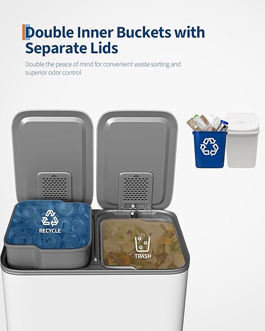 GarveeHome 2 x 4 gal Stainless Steel Double Trash Can with Lid for Kitchen, Large Dual Trash and Recycle Bin Combo, Step-on Kitchen Metal Garbage Cans, PP Inner Buckets, Liner Rim, White