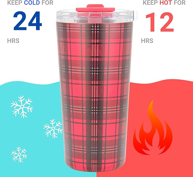 Drinco - 20 oz Stainless Steel Tumbler | Double Walled Vacuum Insulated Mug With Lid, 2 Straws, For Hot & Cold Drinks (20oz Tartan Plaid)