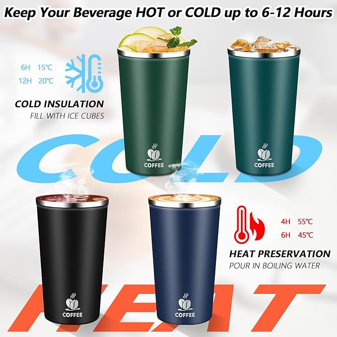 Insulated Travel Coffee Mug Reusable Coffee Tumbler Cup with Flip Lid Leak Proof Spill Proof for Office School Party Camping Hot and Cold Drink,Stainless Steel 17oz (Black)