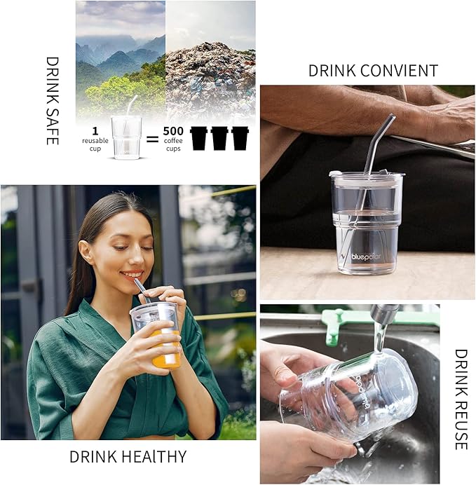 BLUEPOLAR 13oz/400ml Glass Water Tumbler with Straw and Lid Sealed Carry On Thick Wall Iced Coffee Cup Glass Cup for Water, Iced Tea Fruit Juice Etc (Aurora White-4Pack)