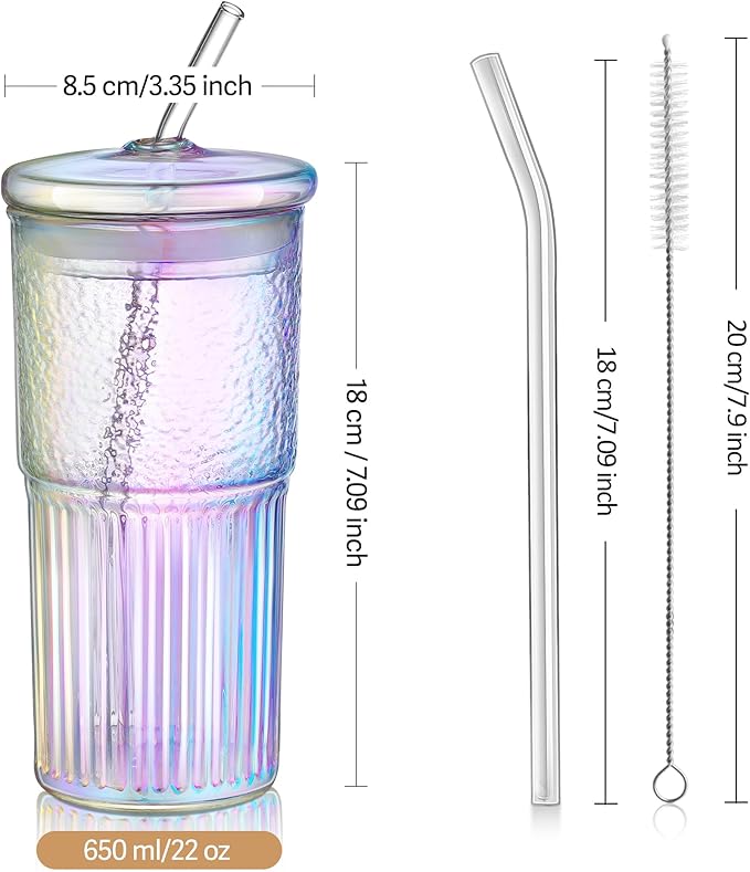 Joeyan 22 oz Iridescent Glass Tumbler with Straw and Lid for Iced Tea Coffee Smoothie Water Juice Beverages Soda,Ribbed Glasses Cups,Borosilicate Drinking Jar,Set of 2