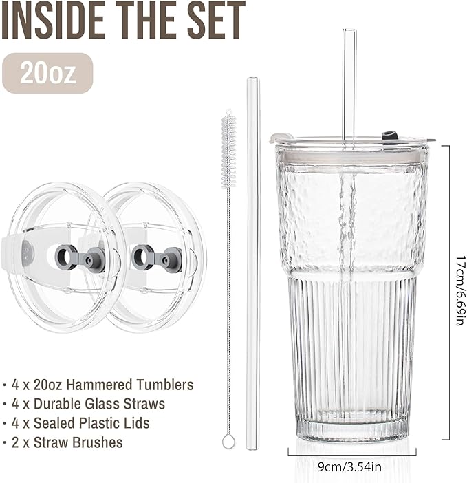 20oz Glass Tumblers with Lids and Straws, Set of 4 - Stylish Ribbed Design Drinking Glasses for Iced Coffee Cups, Juice, Smoothies, Cold Beverages, Includes Cleaning Brush, Durable Glassware