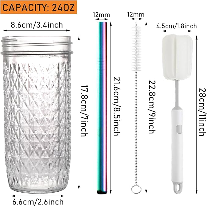 2 Pcs Glass Cups Set - 24oz Mason Jar Drinking Glasses with Bamboo Lids & Straws & 2 Airtight Lids, Cute Reusable Smoothie cup, Iced Coffee Glasses, Travel Tumbler for Bubble Tea, Juice, Gift