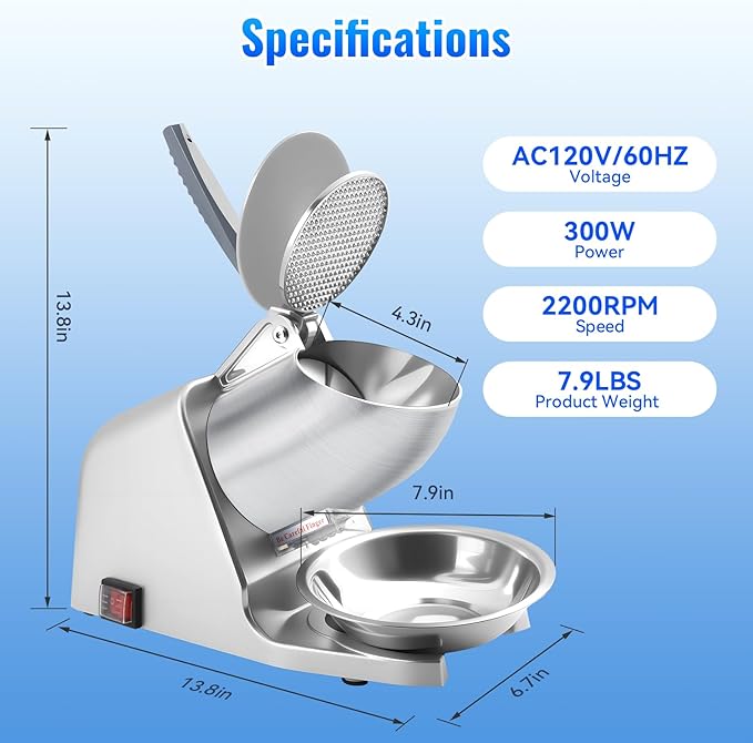 226 lbs/h 4-Blade Electric Ice Shaver Machine, with Extra Blades & Ice Pick, 300W Ice Crusher for Home & Commercial Use, Shaved Ice Maker, ETL-Listed, Silver
