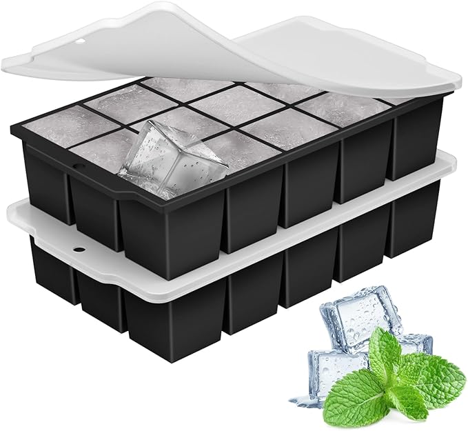Silicone Ice Cube Tray with Locks Lids, Easy Release Flexible 15 Square Ice Trays for Freezer, Stackable & Reusable Ice Cube Mold for Whiskey, Cocktails, Baby Food, BPA Free, 2 Pack (Black)