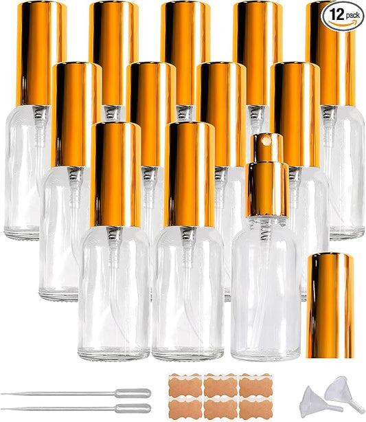 12 Pack 1oz Clear Glass Spray Bottles for Essential Oils, Small Spray Bottle, Fine Mist Spray, Gold Sprayer,for Travel Perfume, Hair & Cleaning