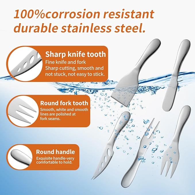 Cheese Knives Set Stainless Steel Silver 7 Pieces Kitchen Utensils Include Cheese Knife, Cheese Spreader, Cheese Forks, Cheese Slicer, Cheese Cutter, Butter Knives Server