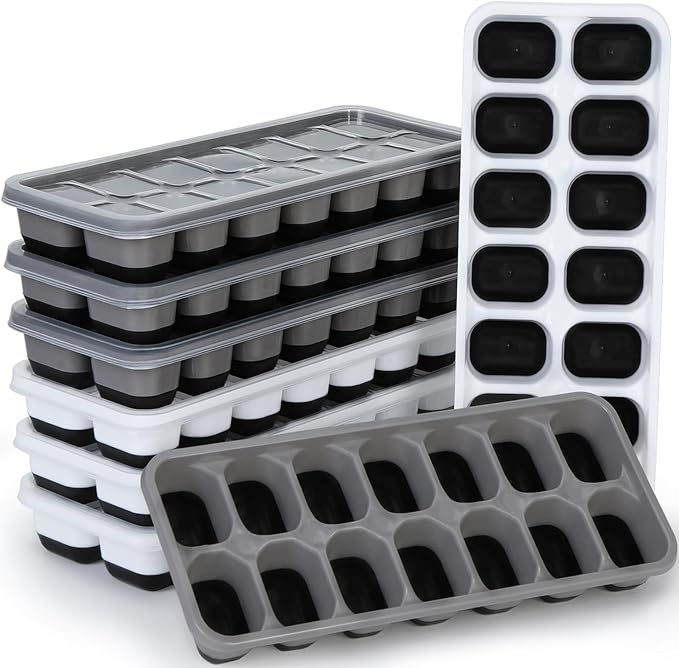 Silicone Ice Cube Tray, 8 Pack Easy-Release & Flexible 14-Ice Cube Trays with Spill-Resistant Removable Lid, Stackable Ice Trays with Covers for Freezer, Cocktail (4 Black+ 4 Grey)