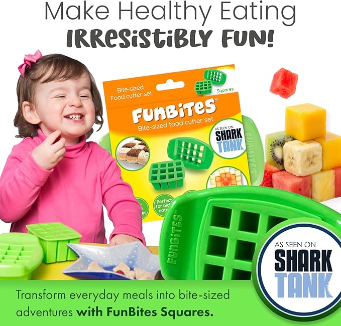 FUNBITES Crustless Sandwich Cutter for Kids Lunch (2-piece set), Uncrustable Sandwich Cutter, Bite-Size Food Cutter for Toddlers, Bento Box Accessories, BPA-FREE Dishwasher Safe, Green Squares 1pk