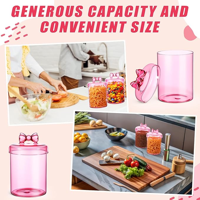 Meanplan 2 Pack Glass Candy Jar Storage Containers with Airtight Lid 30 oz Cute Food Storage Organizers for Hot Cocoa Bar Supplies, Overnight Oats,Kitchen Cookies,Coffee Beans,Dry Goods,Tea(Pink Bow)