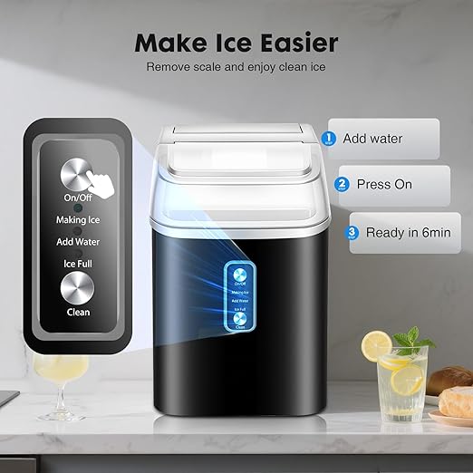 OLIXIS Nugget Ice Maker Countertop, Portable Ice Machine with 1.7L Water Tank, 26LBS/24H Fast Production, Auto-Cleaning & Quiet Operation, with Basket & Scoop, for Home Party Camping RV, Black