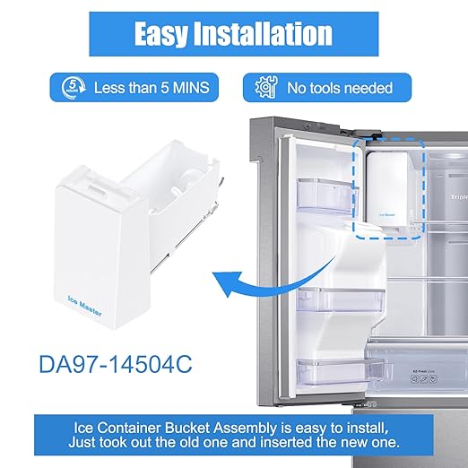 Upgraded DA97-14504C Ice Bucket Replacement for Samsung Refrigerator Ice Maker Tray Part DA97-14504A Ice Container Assembly RF22KREDBSR, RF23HCEDBBC,RF23J9011SR, RF24FSEDBSR Fridge Assy Tray Ice Bin