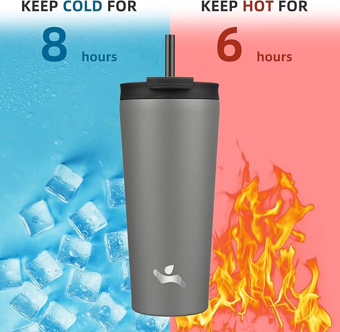 Konokyo 22 OZ Insulated Tumbler with Lid and 2 Straws Stainless Steel Water Bottle Vacuum Travel Mug Coffee Cup,Gray