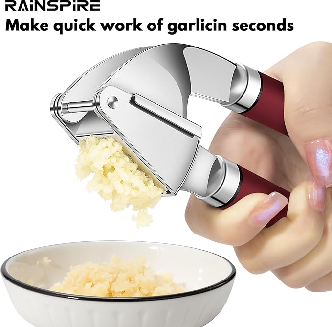 Rainspire Premium Garlic Press Stainless Steel, Garlic Mincer Tool, Garlic Crusher Tool, Garlic Smasher Garlic Masher Includes Silicone Garlic Peeler & Cleaning Brush, Dishwasher Safe (Red)