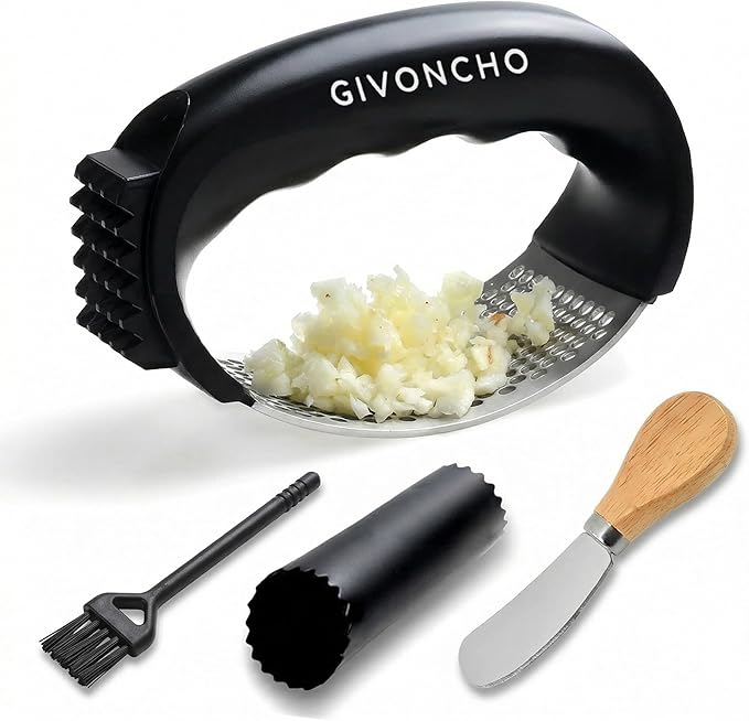 Garlic Grinder & Press Rocker Set – Stainless Steel Garlic Crusher, Mincer & Rolling Tool with Peeler, Spatula and Brush for Extracting Smooth Garlic Paste