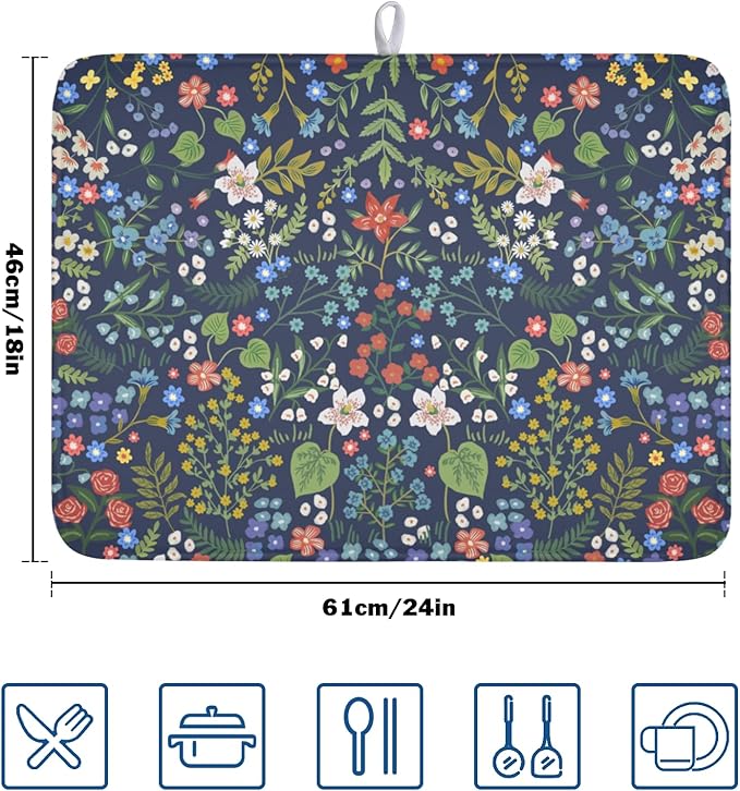 Flower Floral Dish Drying Mat 18x24 inch Microfiber Navy Blue Drying Mats with Hanging Loop Absorbent Green Leaves Dish Drainer Mat Reversible Flowers Drying Pad for Kitchen Counter Sink