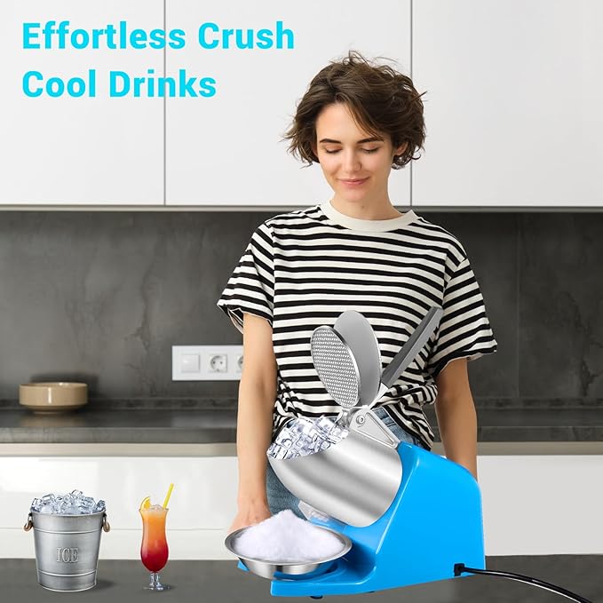 300W 178 lbs/hr ETL-Listed Dual Blade Electric Ice Shaver Machine with Ice Pick, Ice Crusher for Home Use and Commercial, Shaved Ice Machine, Ice Grinder, Blue