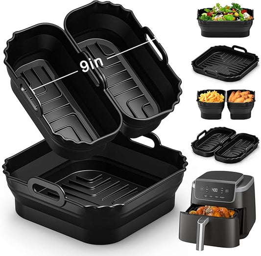 Collapsible 9 Inch Air Fryer Silicone Liners for Ninja AF141 AF142 AF181 5QT-6.5QT Air Fryer, 3 Pack Reusable Silicone Pot Baking Accessories for Cosori 6QT, Instant, Chefman 5-8QT AirFryer