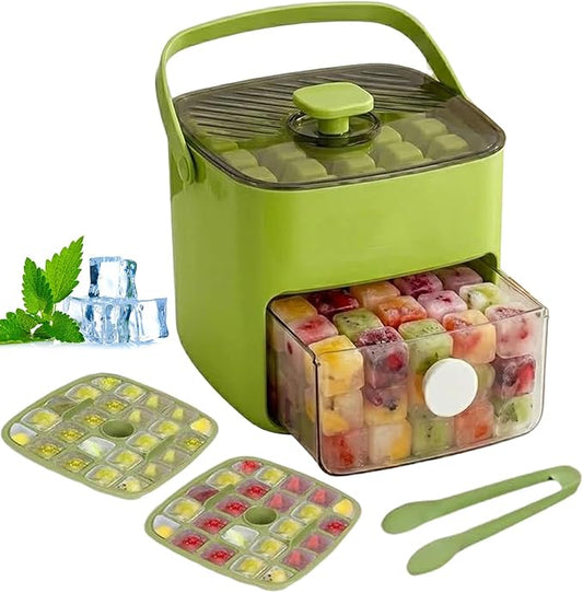 48 Cube Ice Maker With Easy Press Lid, Double Layer Portable Ice Maker with Lid and Storage Box for Freezer, Handled Press-Type Ice Cube Tray with Lid and Bin for Whiskey, Cocktail, Beer (Green)