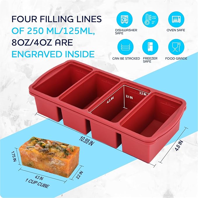 ZIP STANDING Silicone Freezer Trays with Lid,1-cup Soup Freezer Container large Ice Cube Molds with Reinforced Steel Ring Top for freezing Soup Sauce Broth Leftovers oven Dishwasher -Safe(2-Pack)