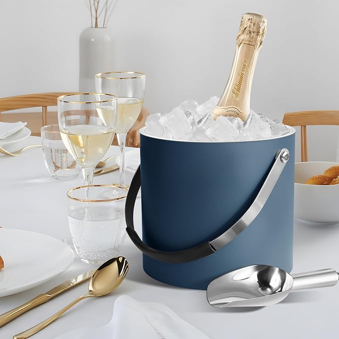 Bakpoco 3L Ice Bucket with Silicone Lid, Scoop, Tongs & Strainer, Stainless Steel Double Wall Insulated Ice Buckets for Parties & Cocktail Bar, Outdoor Champagne Ice Container Bin, Navy