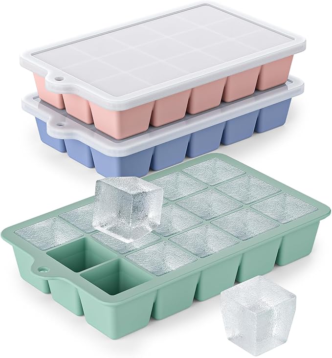 Silicone Ice Cube Tray 3 Pack - EASY RELEASE ice cube tray with lid, BPA Free Ice Cubes Trays for Freezer,ice cube mold for Cocktail,Whiskey (Mint+Pink+Blue)