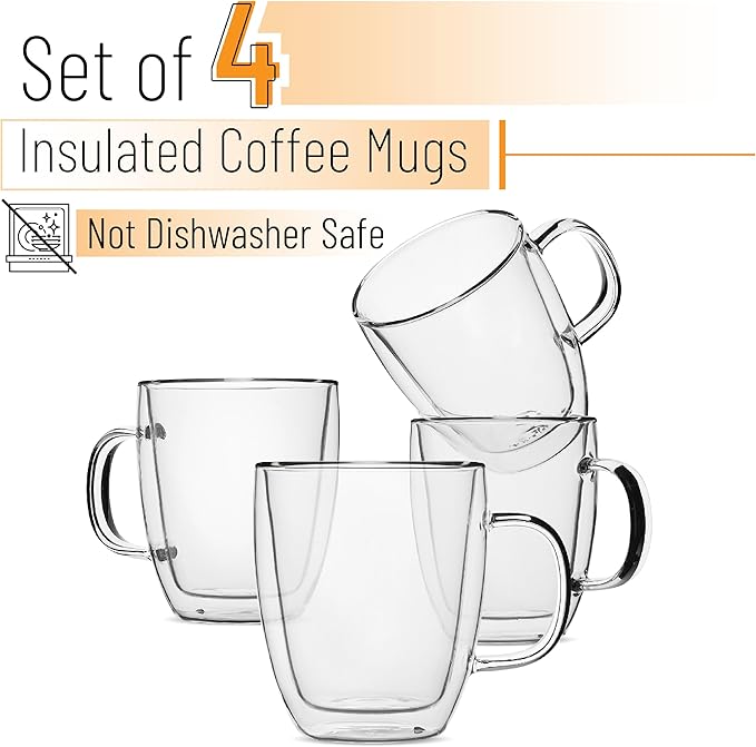 BTaT- Double Walled Glass Coffee Mugs, 16 oz, Set of 4, Glass Coffee Cups with Handle, Insulated Clear Coffee Mug for Hot and Cold Beverages, Cappuccino, Latte, Tea, Americano, Microwave Safe