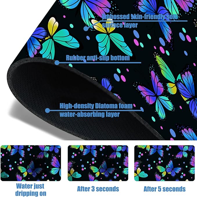 Sink Faucet Absorbing Mat Colourful Butterflies Sink Splash Guard Drying Mat for Kitchen Bathroom Faucet Sinkmat 15.5"X5.5"