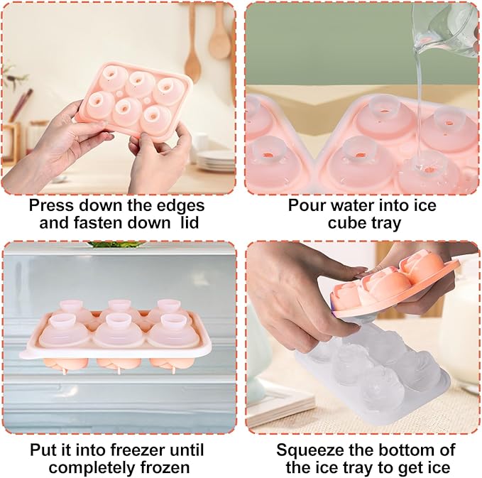 2 Pack 3D Rose Ice Cube Mold, Ice Cube Trays for Freezer with Lid, 6 Grid Silicone Easy Release Ice Trays, Rose Cute Ice Mold for Valentine's Day Gif, Date Drinks, Coffee, Whiskey, Cocktail (Pink)