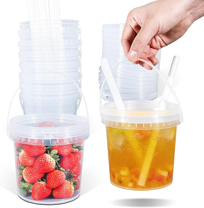 Clear Plastic Cups with Lid and Straw, Reusable Drink Bucket with Handle for Iced Coffee, Smoothie, Ice Cream - Sturdy Food Safe Party Cups for Pool, Beach, Birthday Parties (8Pack, 38 oz)