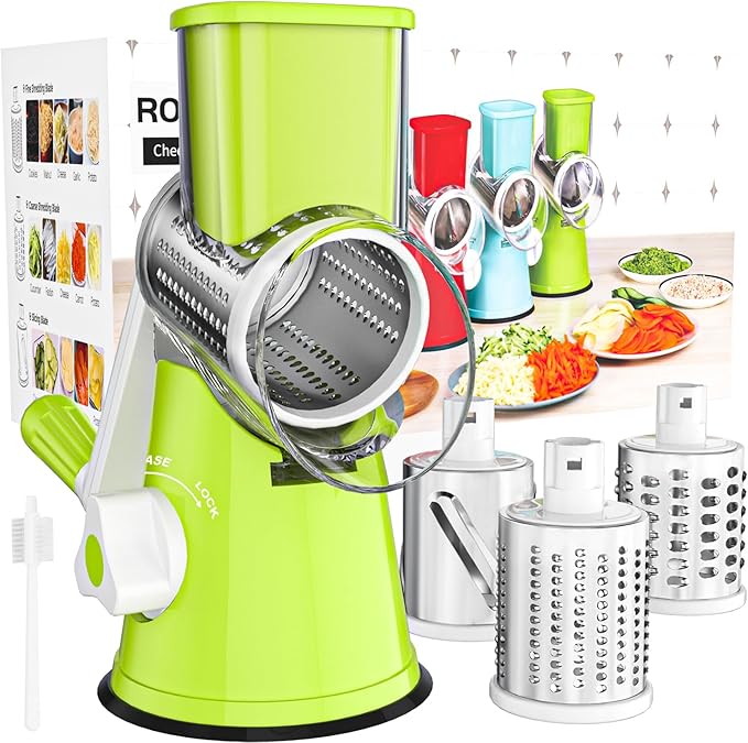 Cambom Rotary Cheese Grater Hand Crank Cheese Shredder for Fresh Cheese, Vegetable, Nuts,Non-slip Suction Base, Free Cleaning Brush Three Blades, Green