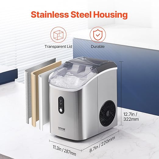 VEVOR Nugget, 33lbs/24H Pebble Ice Maker with Self Cleaning, Chewable Ice Maker with Ice Scoop & Basket, Stainless Steel Ice Machine with Transparent Lid for Home Kitchen Office Bar Party