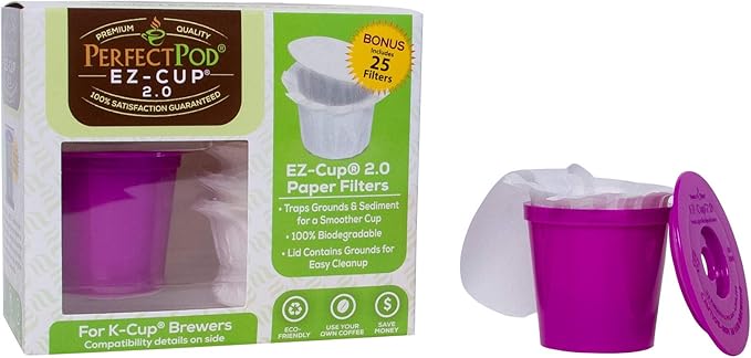 Perfect Pod EZ-Cup 2.0 Starter Pack | 1-Stream Reusable K Cup Coffee Pod Capsule with 25 Disposable Paper Filters (Starter Pack)