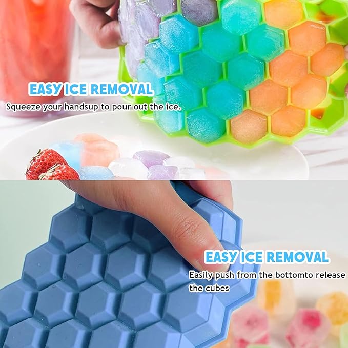 2 Pack Honeycomb Ice Cube Trays for Freezer Microwave(Blue and Green), Silicone Ice Cube Tray with Lid, 37 Hexagonal Silicone Molds, Reusable Ice Cube Mold for Whiskey, Cocktails, Homemade Cold Drinks