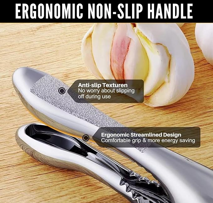 Garlic Press Stainless Steel, Heavy Duty Garlic Crusher & Mincer, Easy Squeeze Ergonomic Handle, Dishwasher Safe, Includes Peeler & Brush, 3-in-1 Set