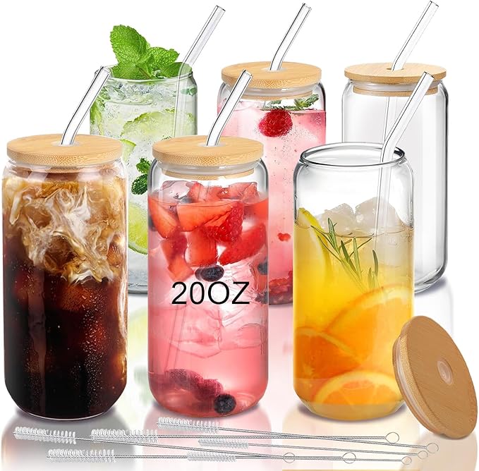 20oz Glass Cups with Lids and Straws Set of 6 – Large Iced Coffee Tumblers for Couples, Families, or Friends – Reusable Drinkware for Brunch, Home Gatherings, and Holiday Gifting
