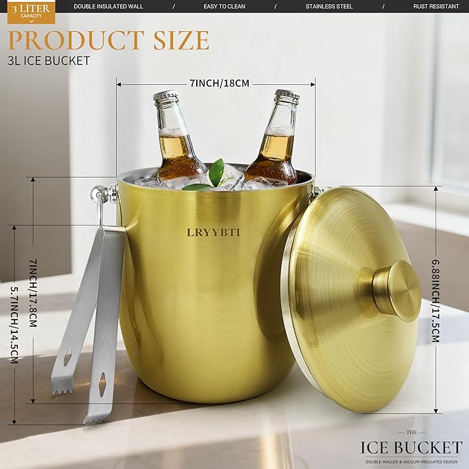 Ice Buckets for Parties with Lid,Tongs and Strainer (3L/Gold) Double Wall Stainless Steel Ice Bucket Keeps Frozen Longer,Ideal Perfect for Parties, Cocktail bar, Chilling Wine, Champagne