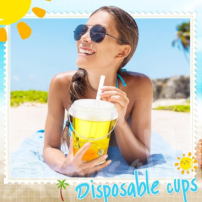 Funnymoom 30 Set 34 oz Clear Drink Buckets with Lids and Straws, Disposable Plastic Rum Cocktail Pails with Handles Large Smoothie Cups for Adult Bachelorette Party Supplies Beach & Catering Events