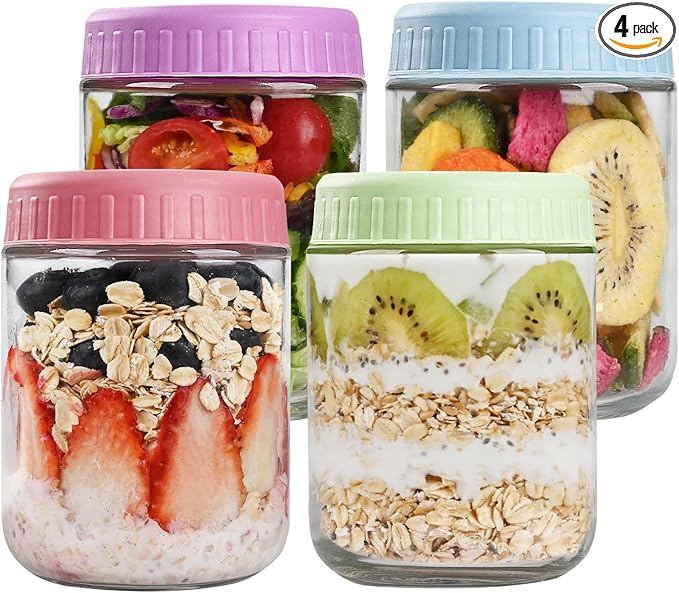 SHOWIN Overnight Oats Containers with Lids, 16oz Glass Jars with Lids 4 pcs, Candy, Wide Mouth Mason jars for Salad, Yogurt, Snacks, Meal Prep