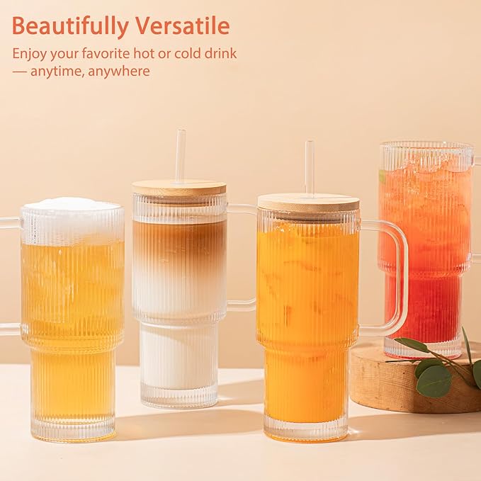 SoulTimes 24oz Ribbed Glass Tumbler with Handle and Bamboo Lid, Set of 2 Glass Cups with Lids and Straws for Coffee, Tea, Juice and Smoothies, Reusable Iced Coffee Cups Includes 2 Sealed Plastic Lids