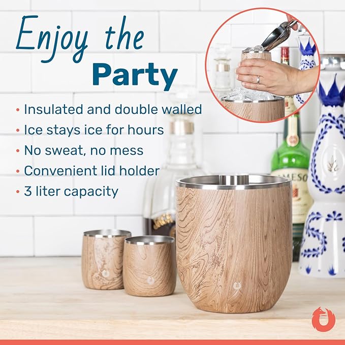 Snowfox Plus - Insulated Ice Bucket with Lid/Scoop, Premium Vacuum Insulated Stainless Steel Ice Buckets for Parties, Ice Box, Home Bar Accessories, Parties Supplies, Bar Decor, 3L, Dark Walnut
