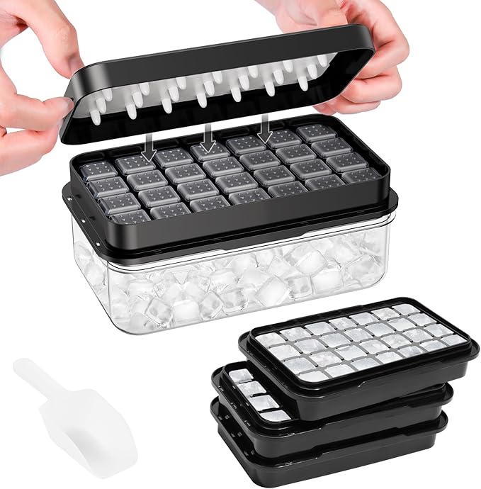 PHINOX Ice Cube Tray with Lid and Bin, 3 Pack Plastic Ice Cube Tray Molds, 84 pcs Ice Trays for freezer, Chilling Drinks, Whiskey & Cocktails, with Ice Container and Ice Scoop, BPA-Free