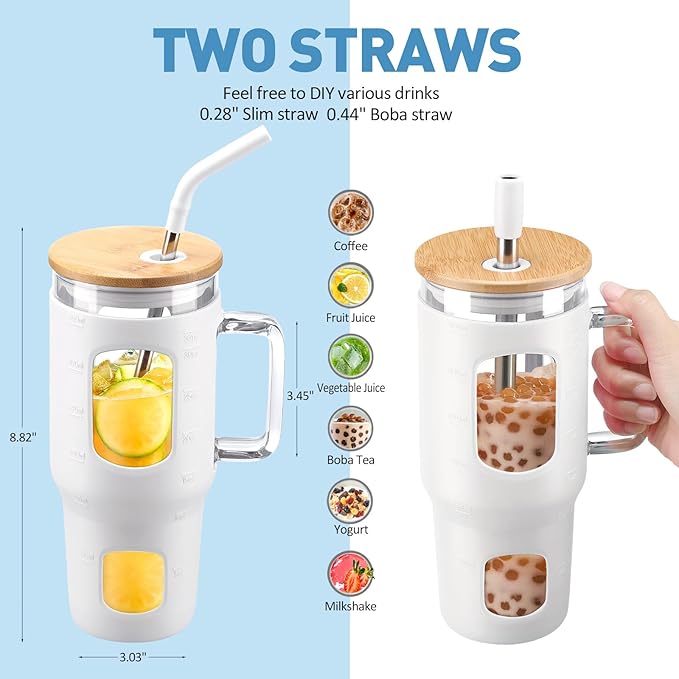 WINSA Glass Tumbler with Straw and Lid, 32 oz Glass Cup with Handle, Glass Water Bottles with Time Marker, Silicone Protective Sleeve - White