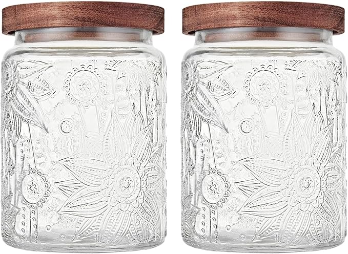 Custde Glass Storage Jars With Airtight Lid, 23.7oz Container For Kitchen Counter with Wooden Lid, brown sugar, candy, coffee, cookie, salt, tea, cute Jar (Sunflower*2)