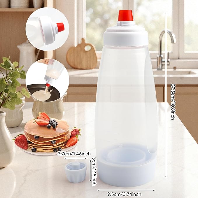 Pancake Batter Dispenser Bottle, Flexible Squeeze Mixer with Precision Tip, Plastic & Silicone Tool for Crepes, Waffles and Cupcakes, Transparent White