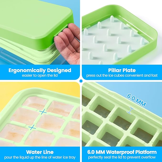 PHINOX Ice Cube Tray With Lid and Bin, Ice Trays for Freezer, Flexible Ice Cube Trays, Making 56 pcs Ice Cubes, Chilling Cocktail, Whiskey, Coffee, with 2 trays, Ice Container, Scoop&Cover, BPA Free