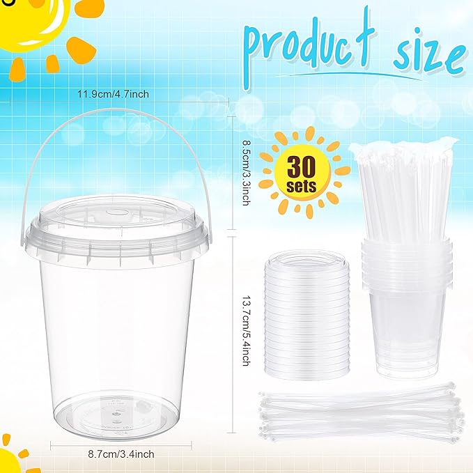 Funnymoom 30 Set 34oz Clear Plastic Drink Buckets with Lids and Straws Disposable Iced Coffee Cups Rum Buckets for Cocktail Parties Smoothie Cup Bulk with Handles for Beach Pool Party Supplies